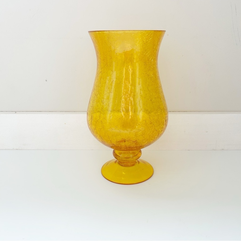 90’s Retro Yellow Crackle Glass Footed/Fluted Vase Vintage